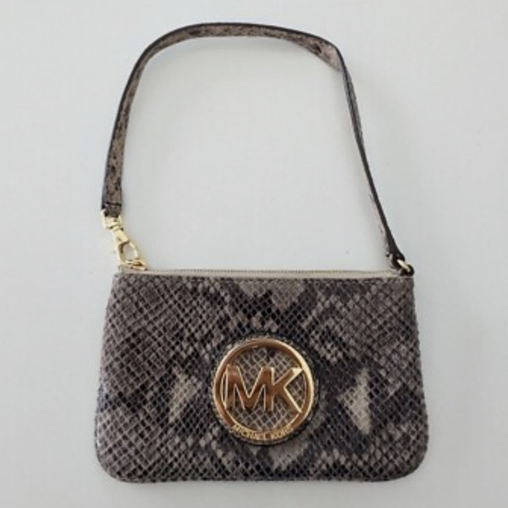 Michael Kors Wristlet Snake Skin Gold Emblem Zip Closure MK Bag